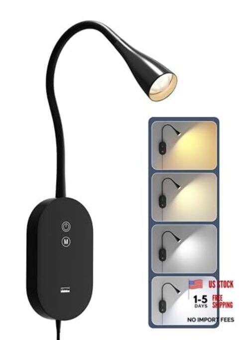Wall Reading Light for Bed – 4 Color Modes, 5‑Level Dimmable Reading Black
