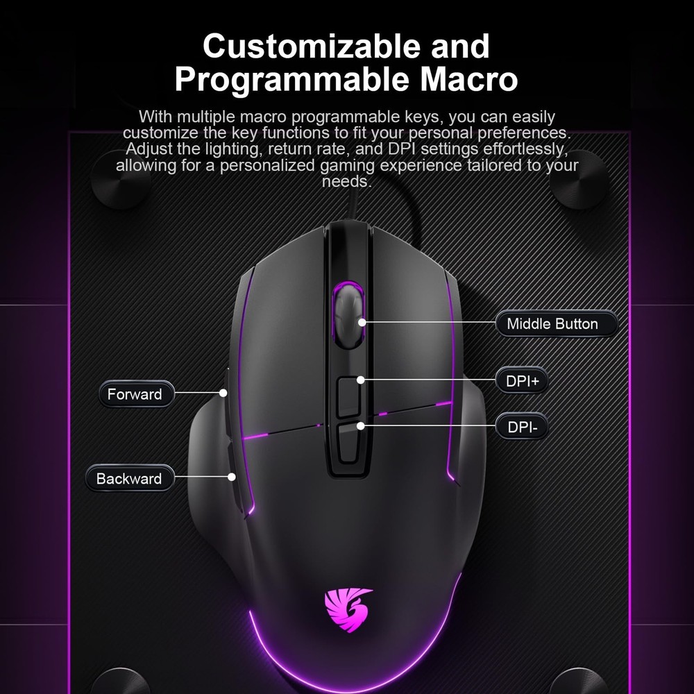 Wired Gaming Mouse - USB Computer Corded Mice with 7200DPI, 7-Button Programm...