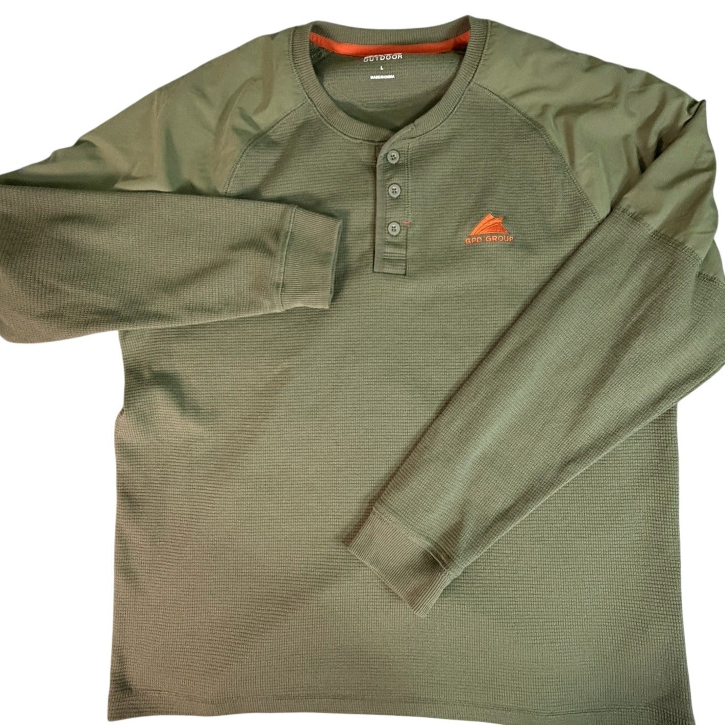 Men's Olive Green Waffle Knit Long Sleeve Henley Outdoor Size L Utility