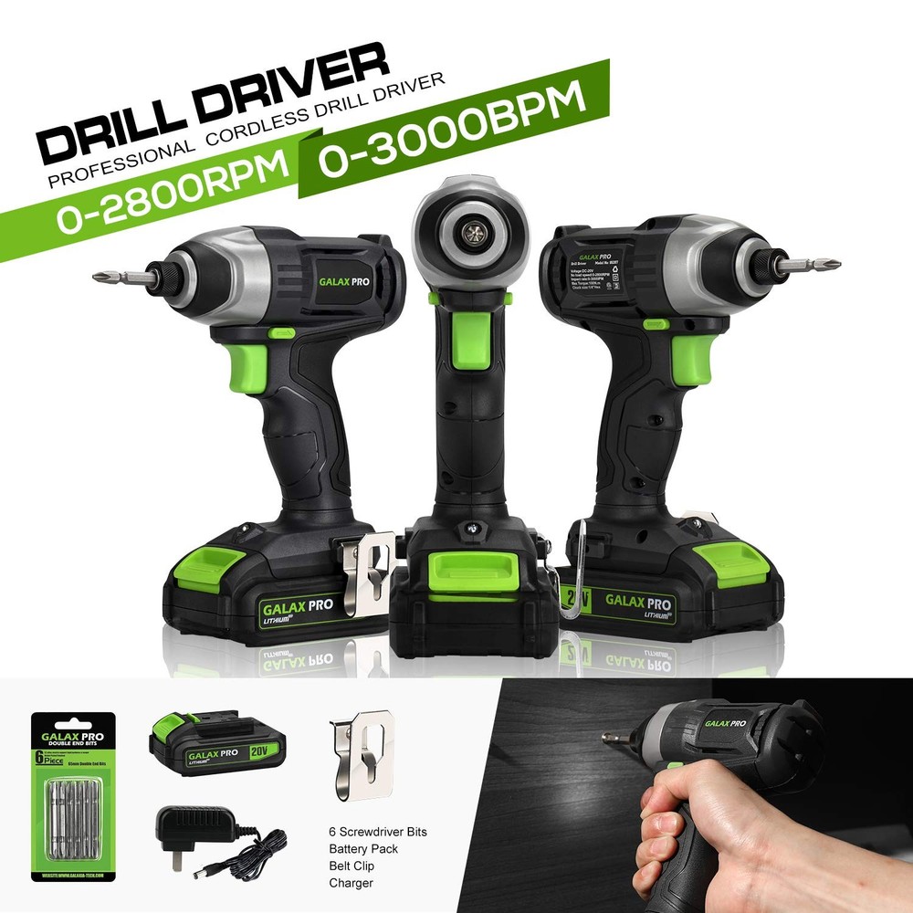 Impact Driver 20 V Lithium Ion 1/4" Hex Cordless Driver with LED Work Light, ...