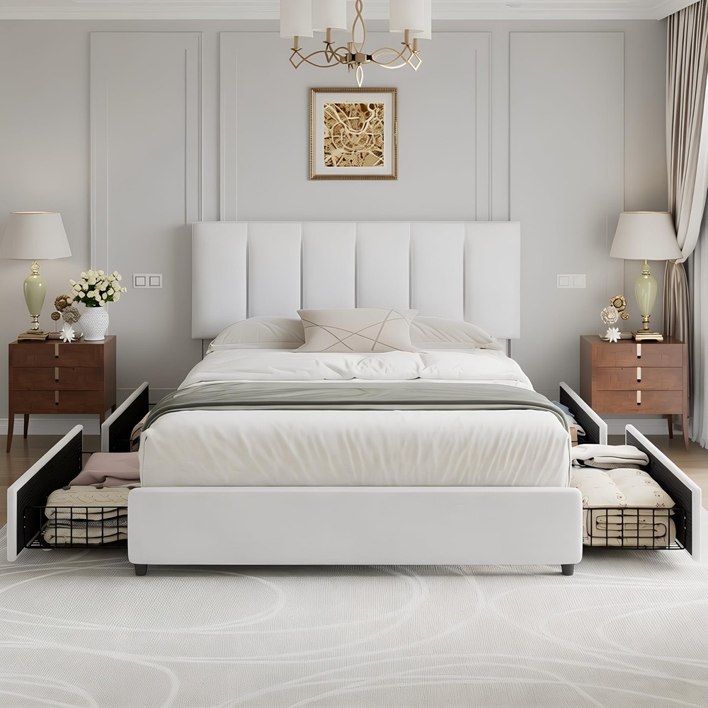 Queen Size Bed Frame with 4 Storage Drawers, Adjustable Height Headboard, Hea...
