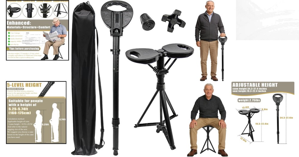 Comfortable Folding Cane with Chair - Adjustable Height & 440lbs Load Capacity