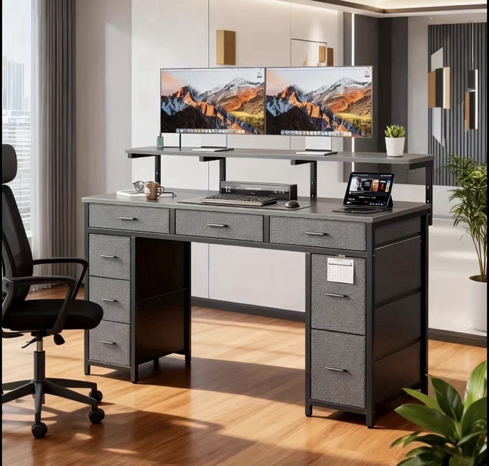 Desk 8 Drawers Modern Office Table LED Mobile Socket PC Studio