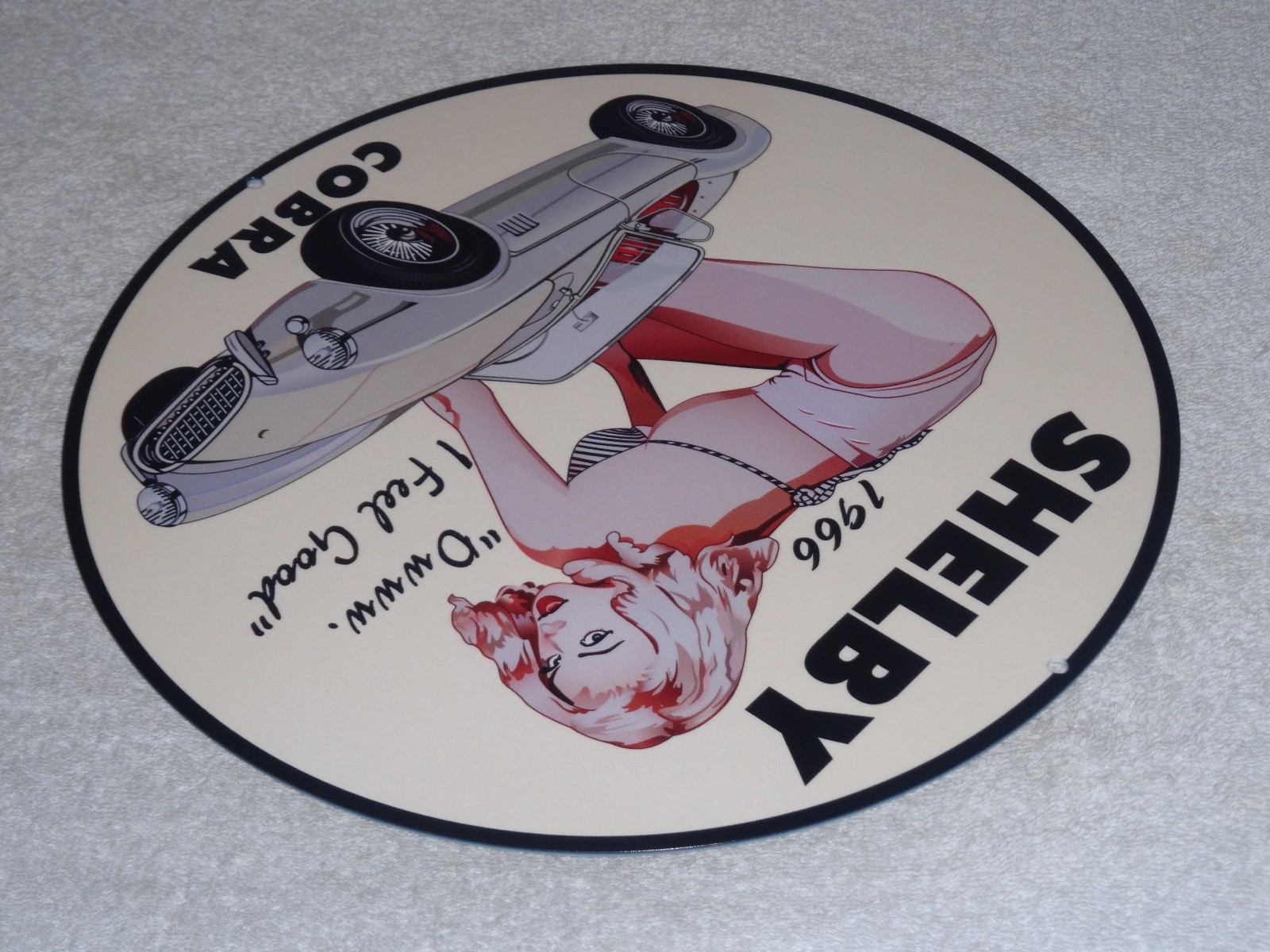 VINTAGE 1966 FORD SHELBY COBRA SPORTS CAR & WOMAN 12" METAL GASOLINE & OIL SIGN!