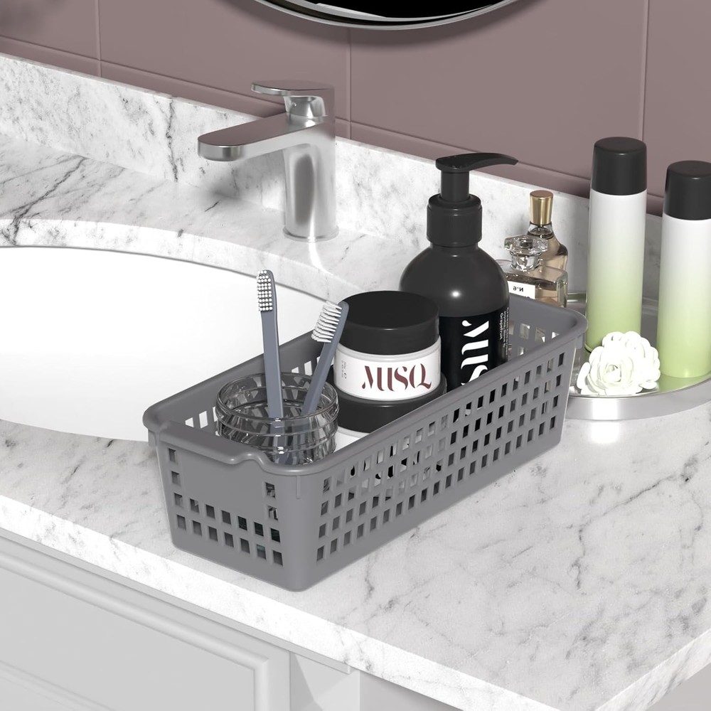 Slim Plastic Storage Baskets, Gray Small Shelf Baskets, 4 Pack