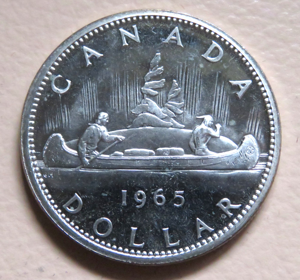 Canada. 1965 Silver - 1 Dollar..  small beads, blunt 5.. Prooflike BU