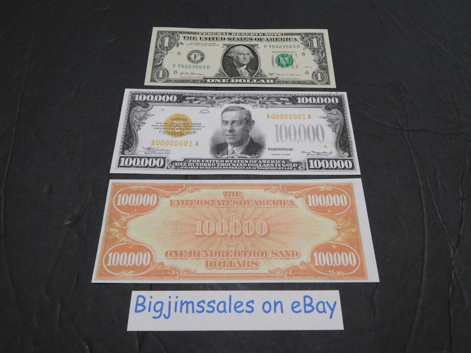 Reproduction US $100,000 Dollar Bill Series 1934 orange seal money PHOTO copy.