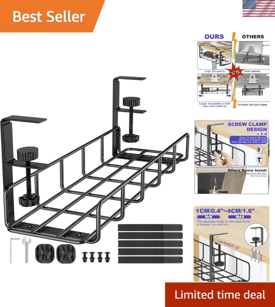 Adjustable 15.7” Wire Management Tray with Clamps - Declutter Your Workspace