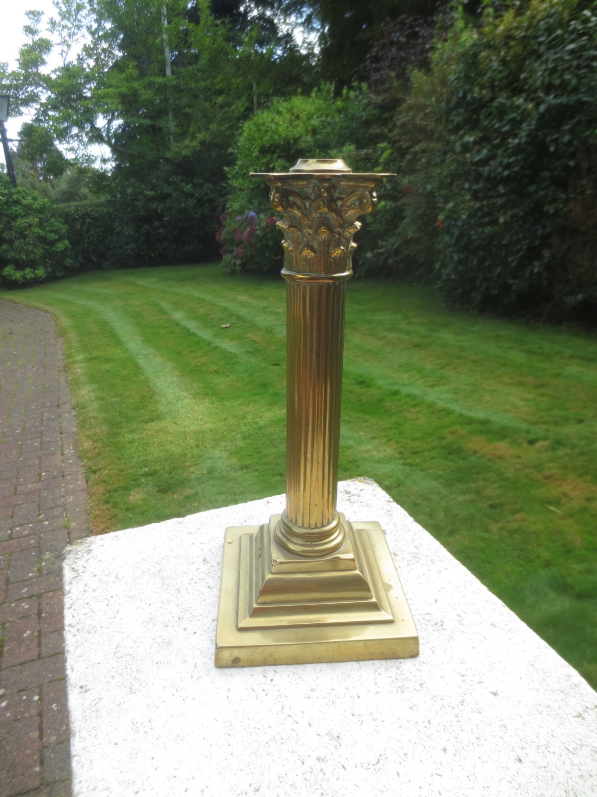 Antique Brass Corinthian Column Oil Lamp Brass  12" In Height