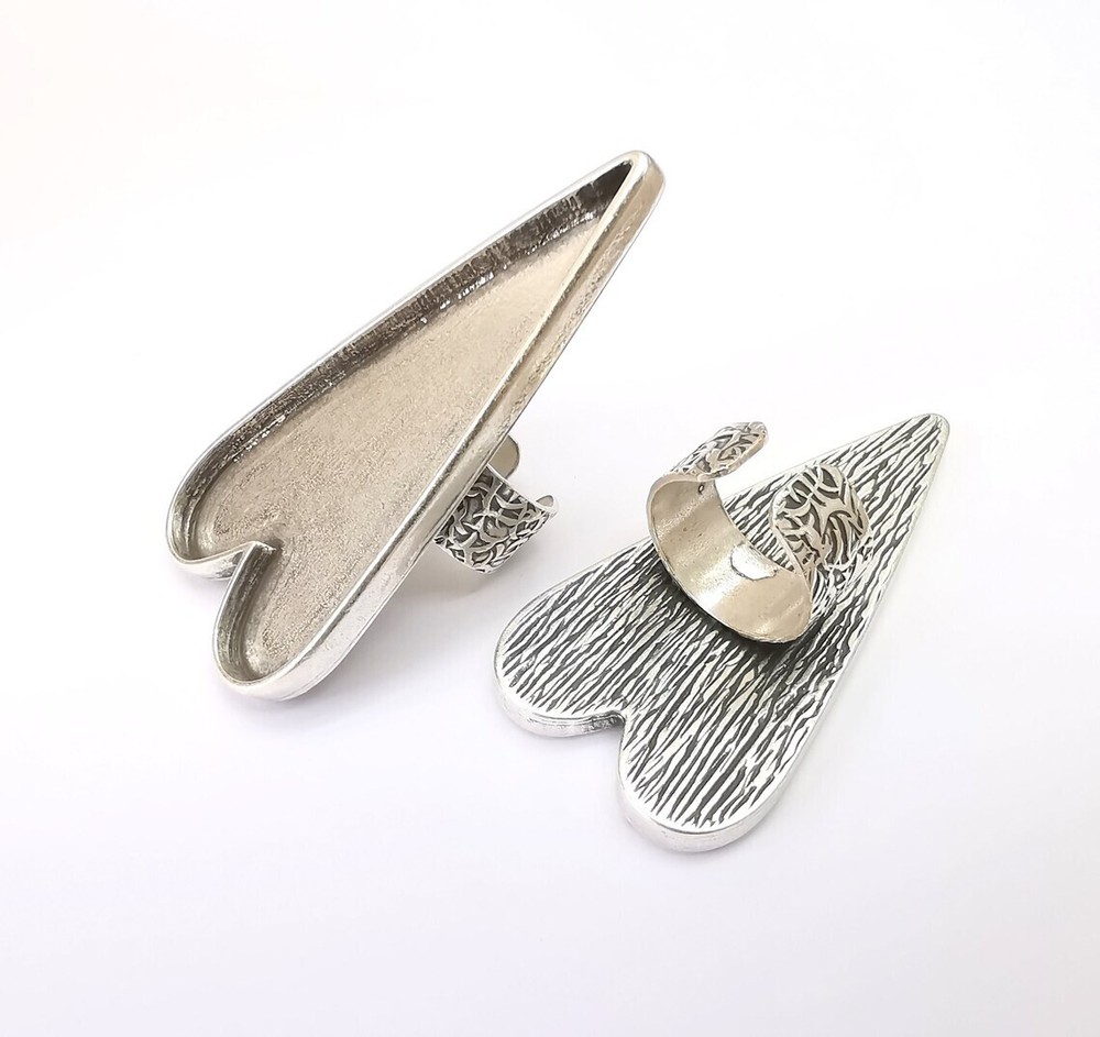 Large Heart Ring Blank Settings, Cabochon Mounting, Adjustable Antique Silver