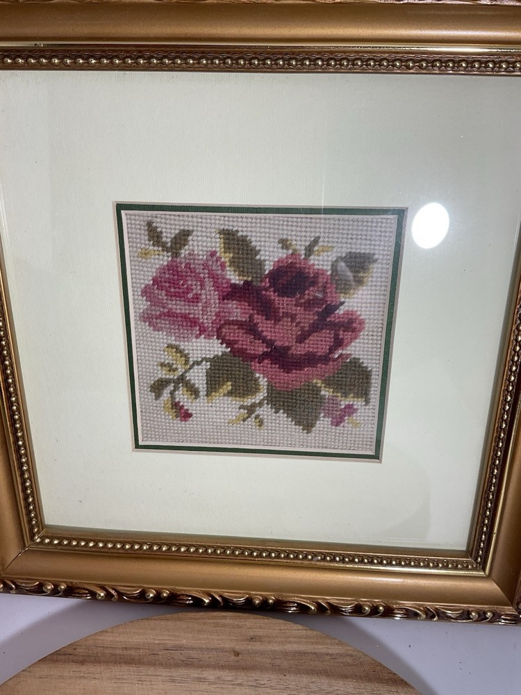 Framed Needlework Roses 9.75” Square (I)