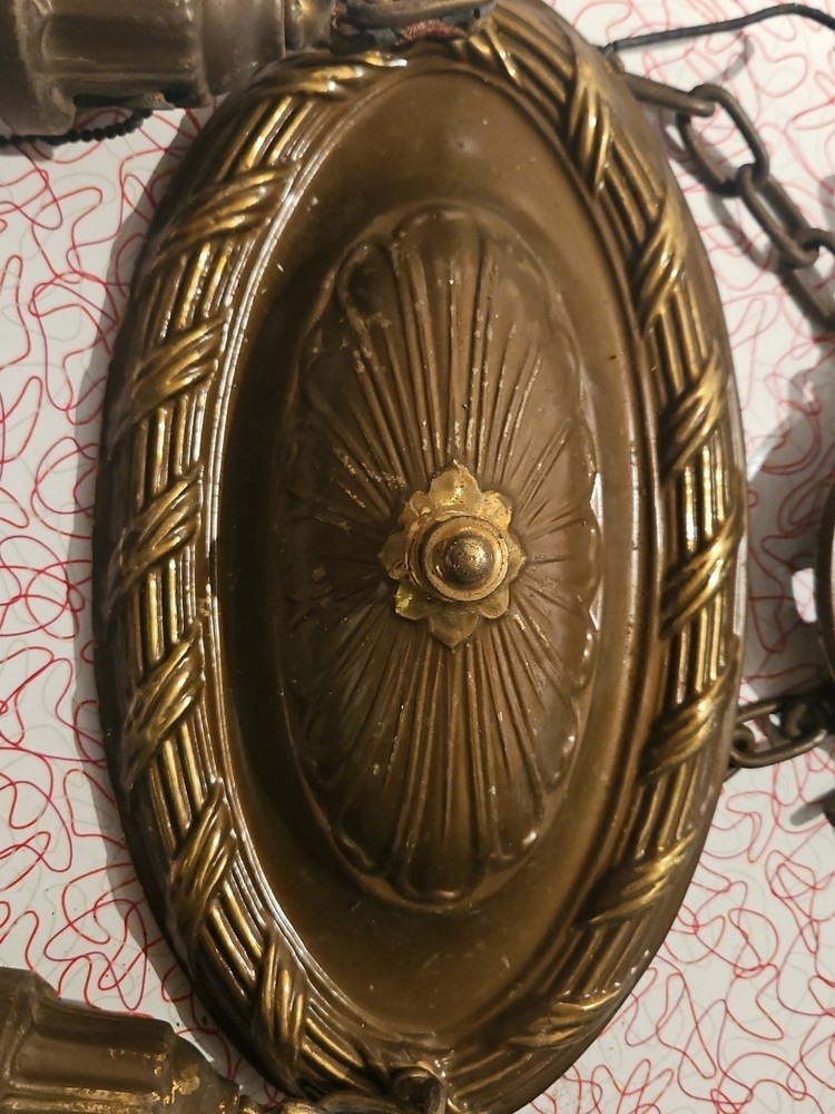 Antique Hanging Ceiling 2 Light Fixture Pressed Embossed Brass Ceiling Canopy