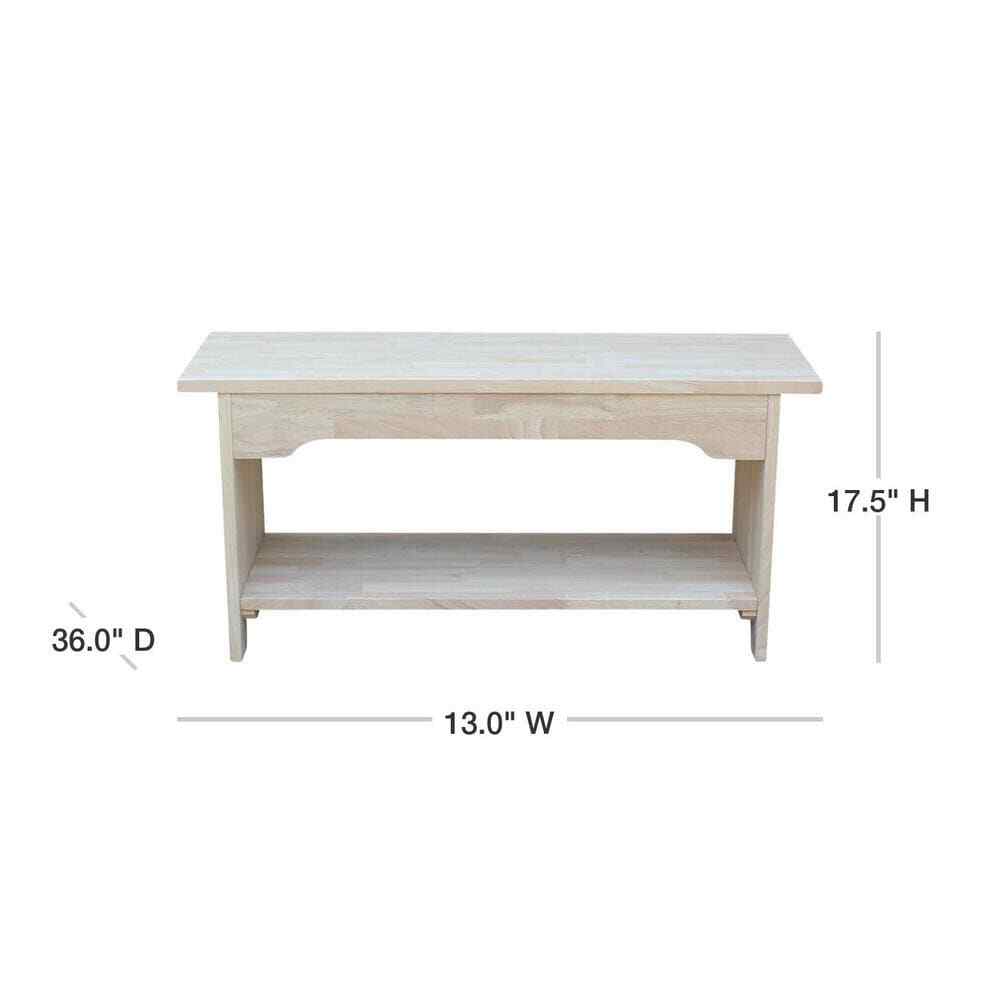 International Concepts Unfinished Bench Solid Wood Open Bottom Shelf Backless