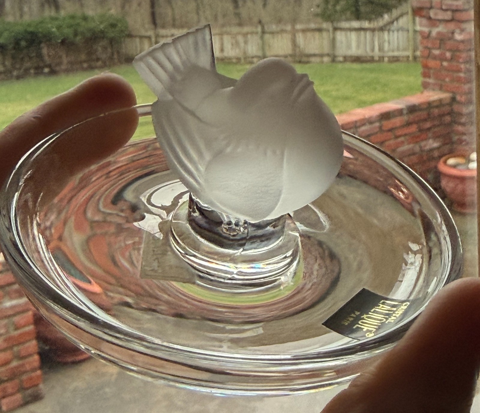 Lalique Pinson Finch 1970s Art Glass Ring Dish Clear & Frosted Crystal 2” Tall