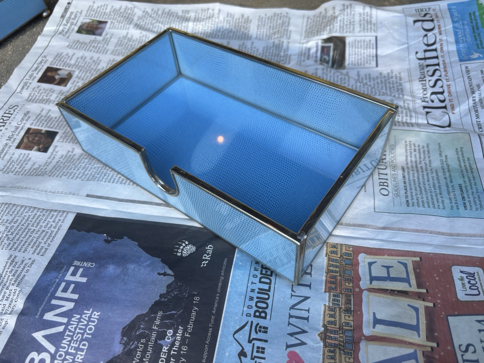 JM Piers Blue Faux Lizard guest towel holder, vanity tray and notepad holder