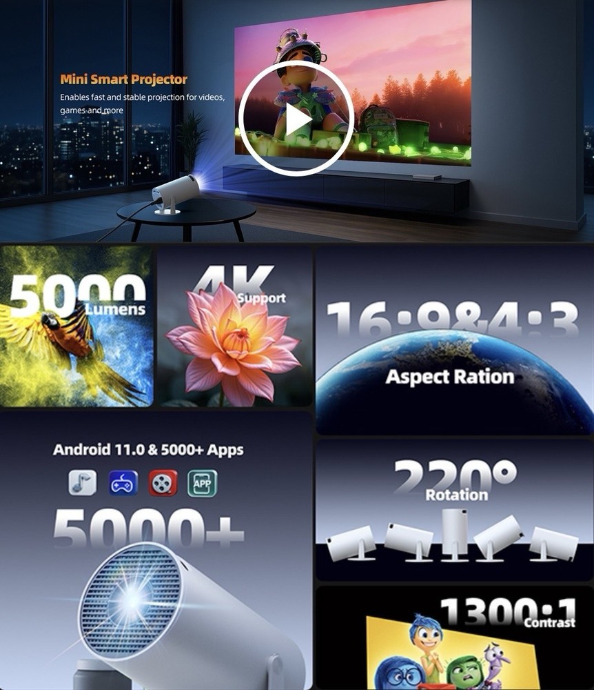 Native 1080p mini Projector Auto Keystone Correction 130” screen