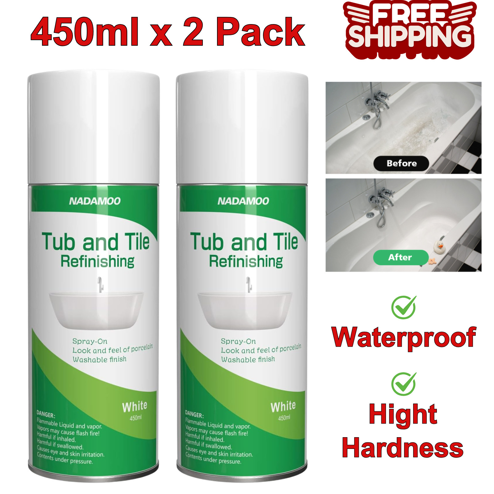 White Bathtub And Tile Refinishing Spray Paint Kit, 450Ml (2 Pack), Semi Gloss