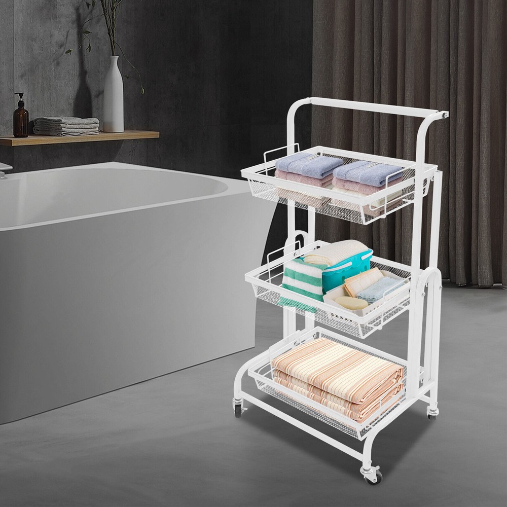 3-Tier Multi-Functional Storage Cart Metal Rolling Utility Cart White Adjustable