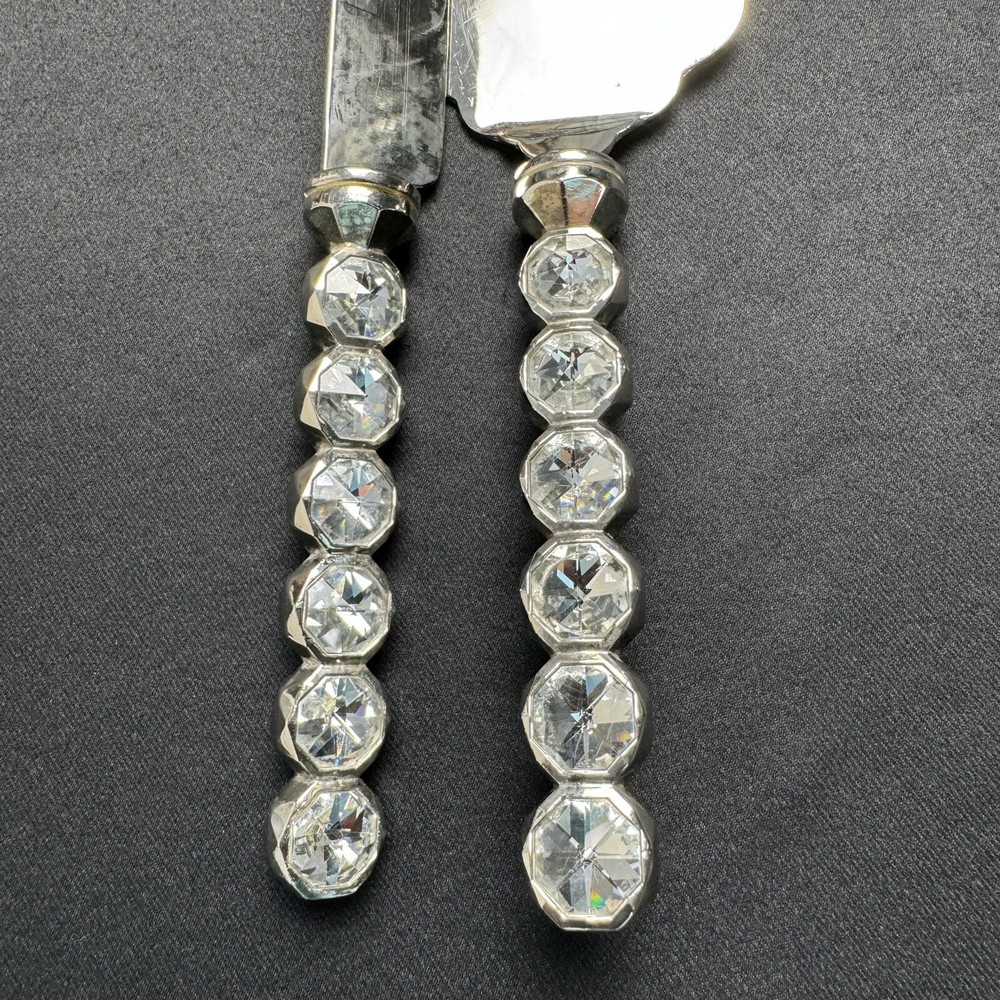 Wedding Reception Cake Knife Server Set Faceted Crystal & Silverplate Stainless