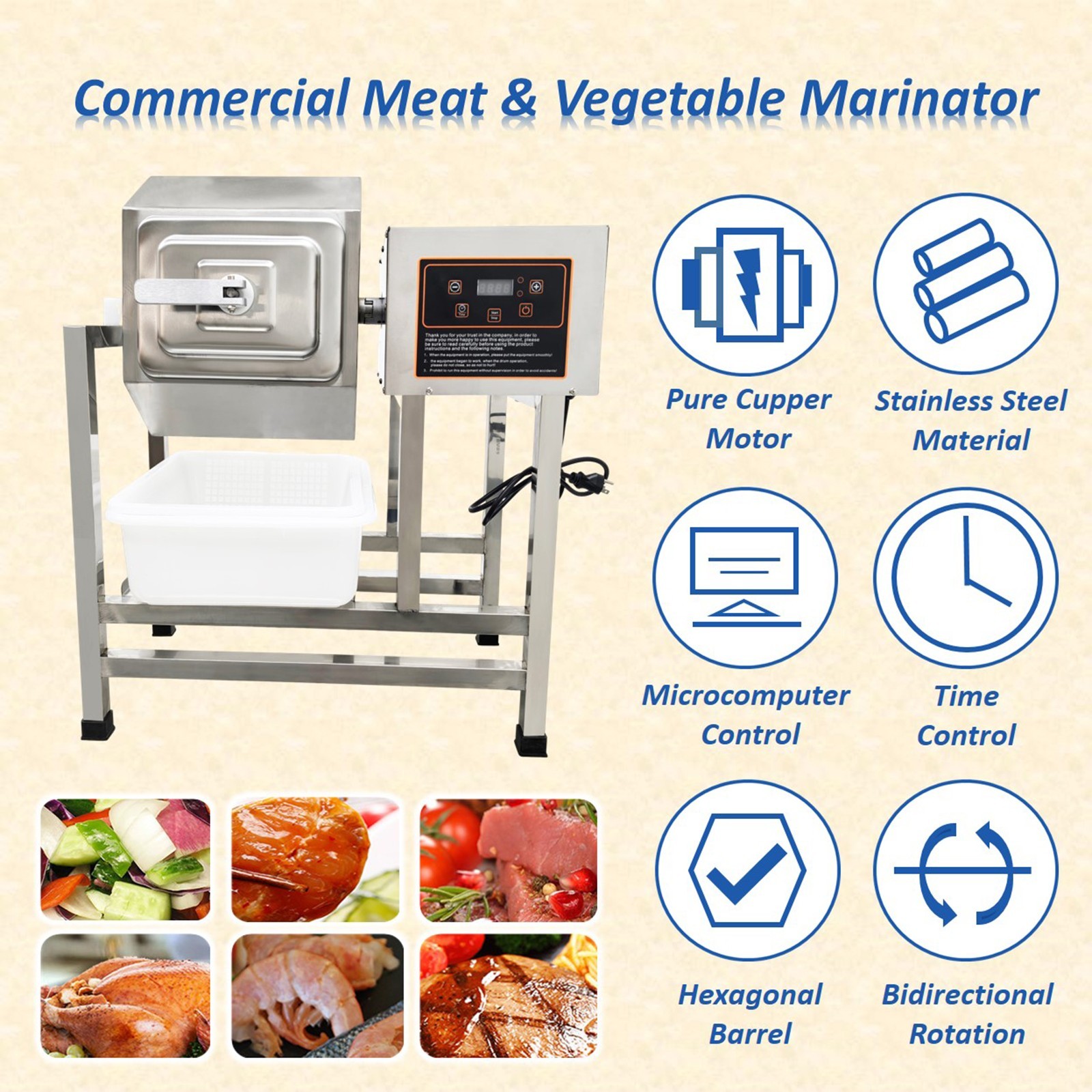 Commercial Meat Tumbler 110V Marinating Machine 38L Stainless Steel Hexagonal Ba