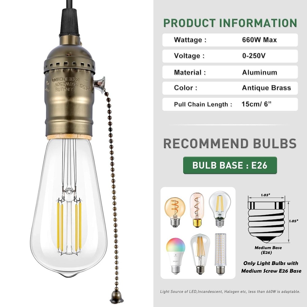 Pull Chain Light Socket Replacement,E26 Standard Screw Lamp Socket,Bulb Socket w