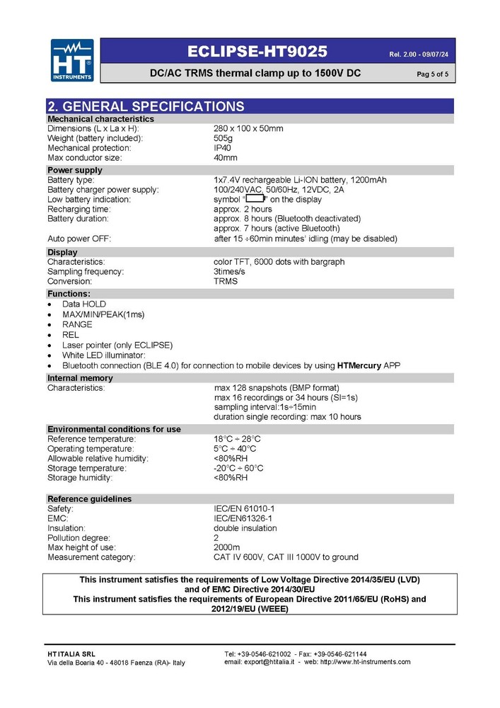 HT Instruments HT9025 AC/DC Current Clamp with DATA LOGGER function