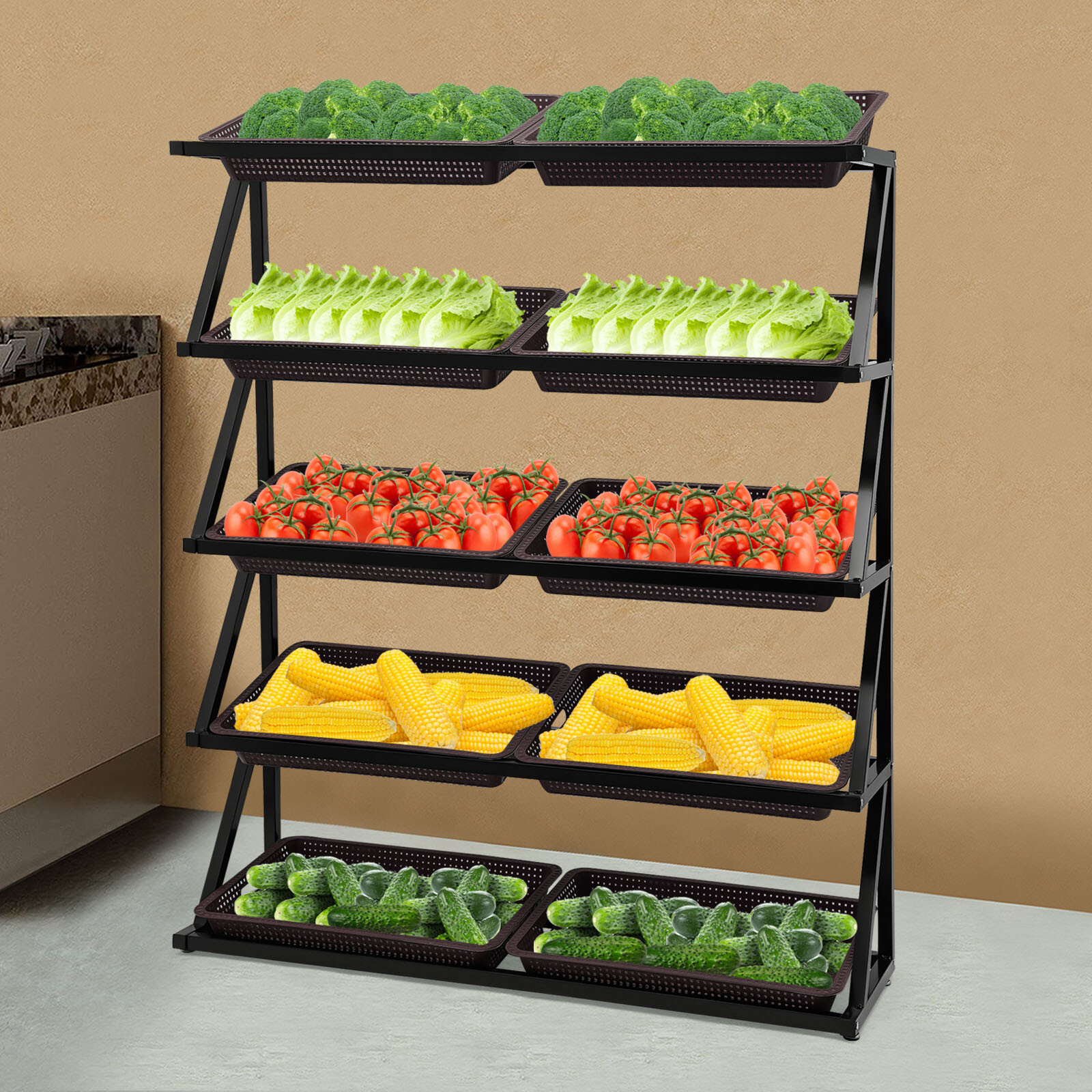 Market Retail Display Rack Shelf + 10x Merchandiser Fruit Vegetable Snack Basket