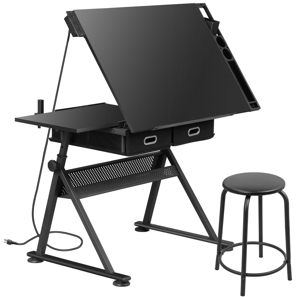 Black Drafting Table & Stool Se Adjustable Height W/ Drawers & Charge Station