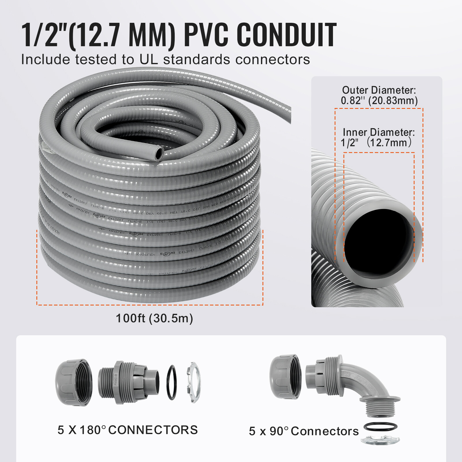 VEVOR 1/2 in Flexible Liquid-Tight Electrical PVC Conduit 100 ft Non-Metallic