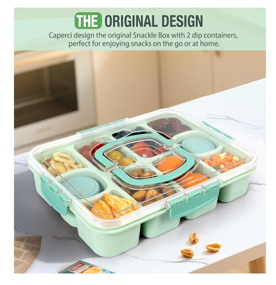 Caperci Original Snackle Box Container - 10-Compartment Divider. Mint Green