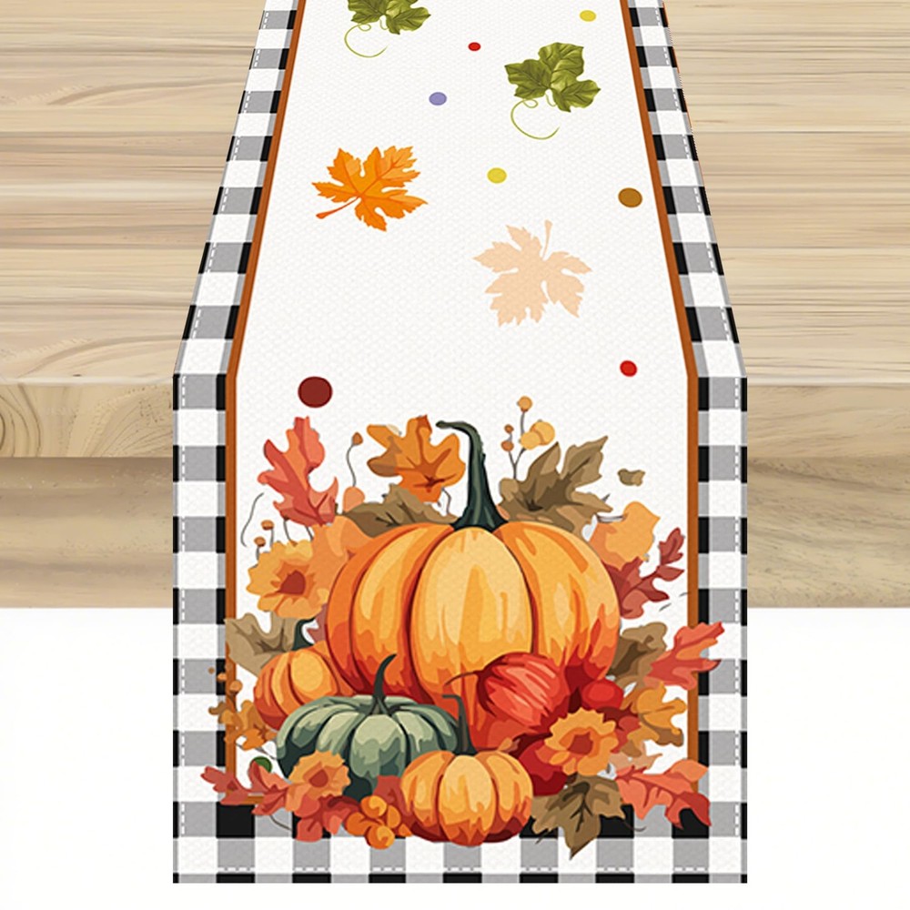 Pumpkin Buffalo Plaid Fall Table Runner, Autumn Pumpkin Maple Leaf Table Runner,