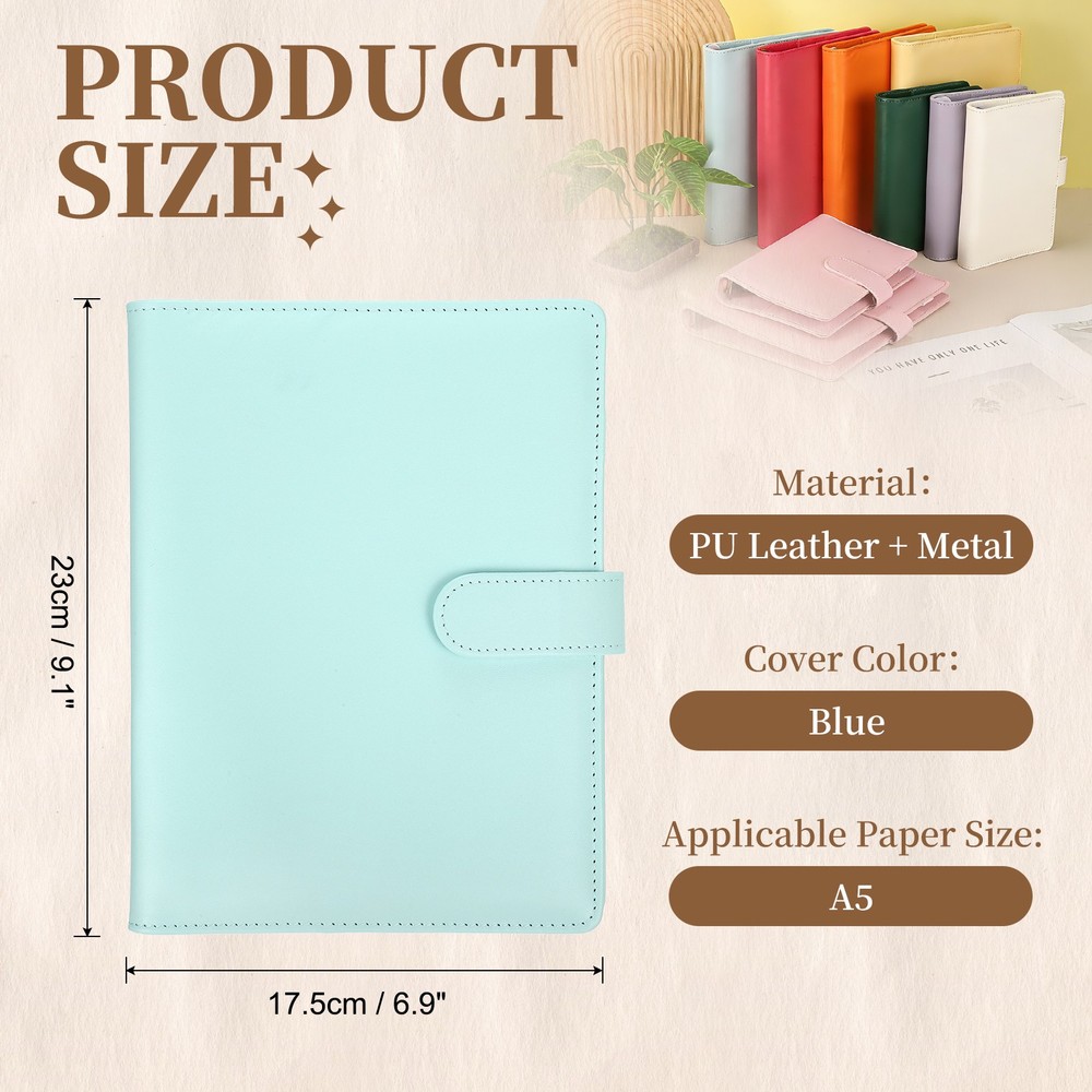 A5 PU Leather Binder Protector, 6 Ring Loose Leaf Notebook Shell, Blue