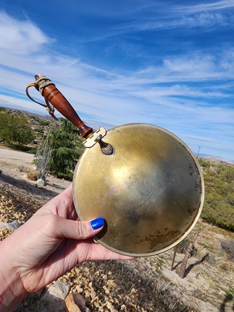 Vintage Silver on Copper Bed Warmer Silent Butler Crumb Catch WoodHandle Serpent