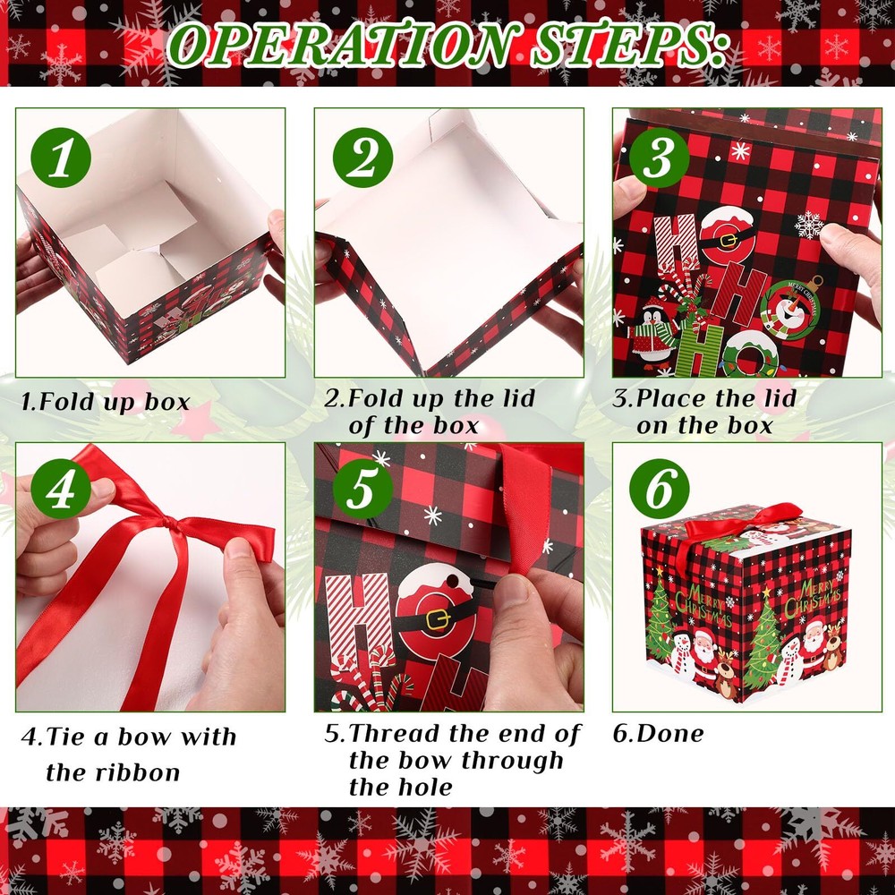 3 Pcs Christmas Nesting Gift Boxes Buffalo Plaid Xmas Stackable Boxes Black R...