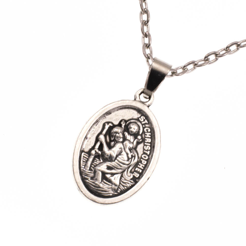 Saint St Christopher Protect Us Oval Silver Medal Pendant Necklace 18" Chain