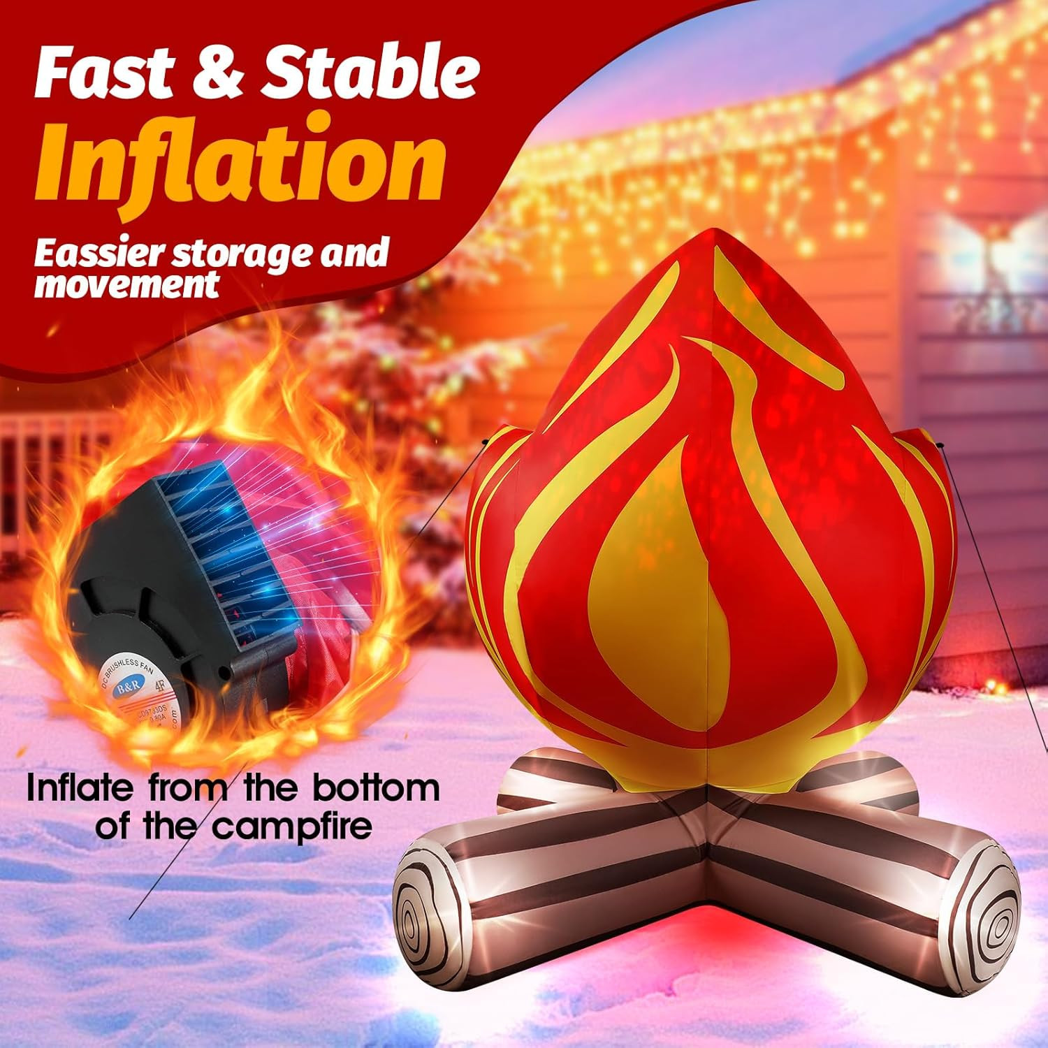 5FT Winter Inflatable Campfire Blow-Up Fake Campfire Built-In 4 LED Lights for W