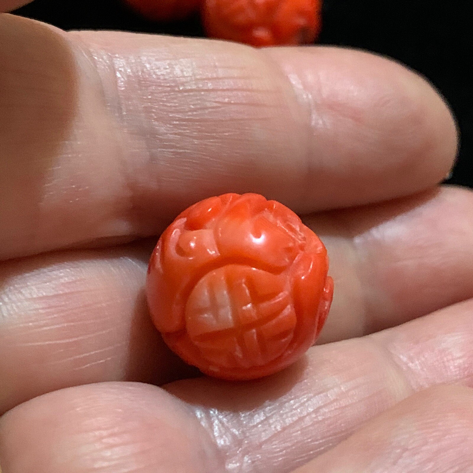 ONE Vintage Carved Chinese Bead Natural Coral Double Shou Round Detailed 15mm