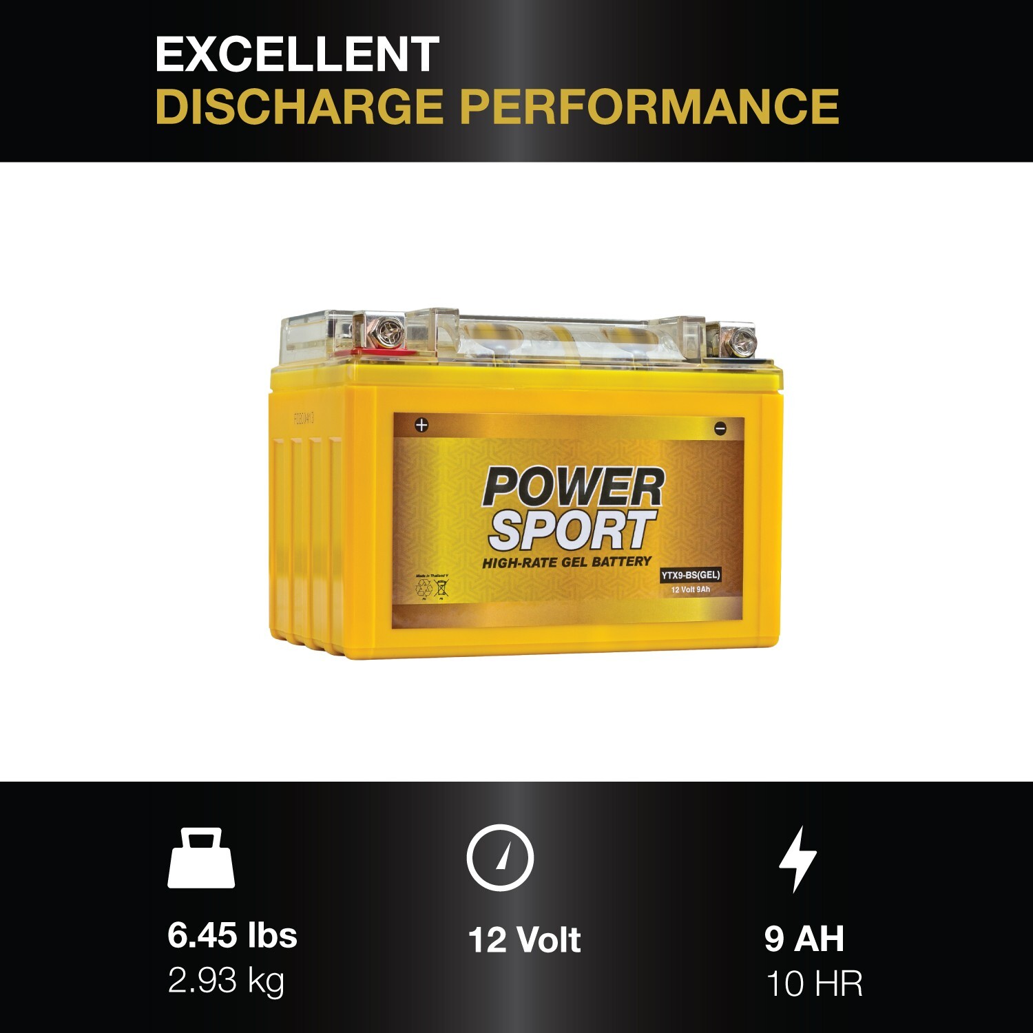 12V 9AH YTX9-BS Gel Replacement for Motorcycles, ATV, Maintenance Free Battery