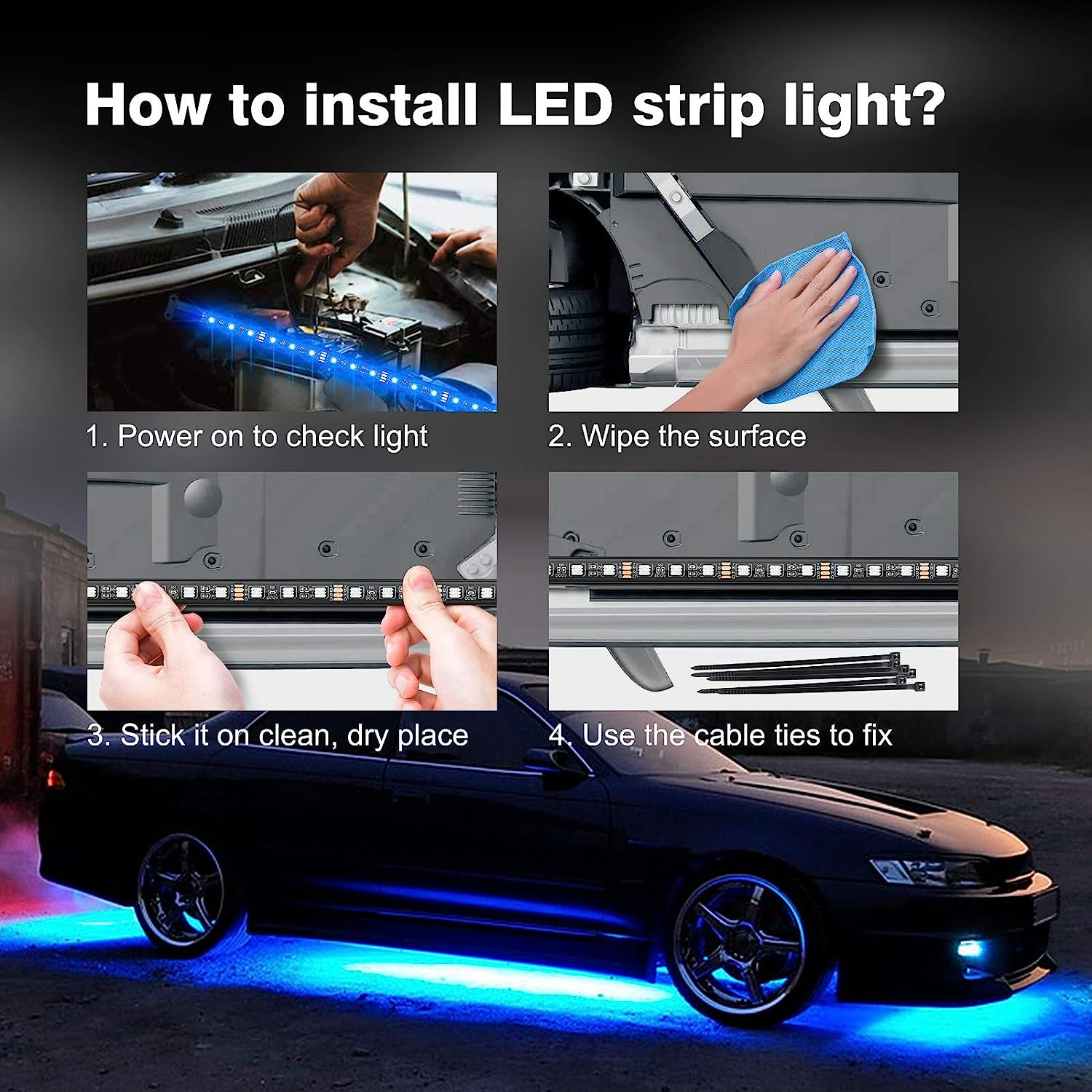 MICTUNING RGB LED Strip Under Car Tube Underglow Underbody System Neon Light Kit