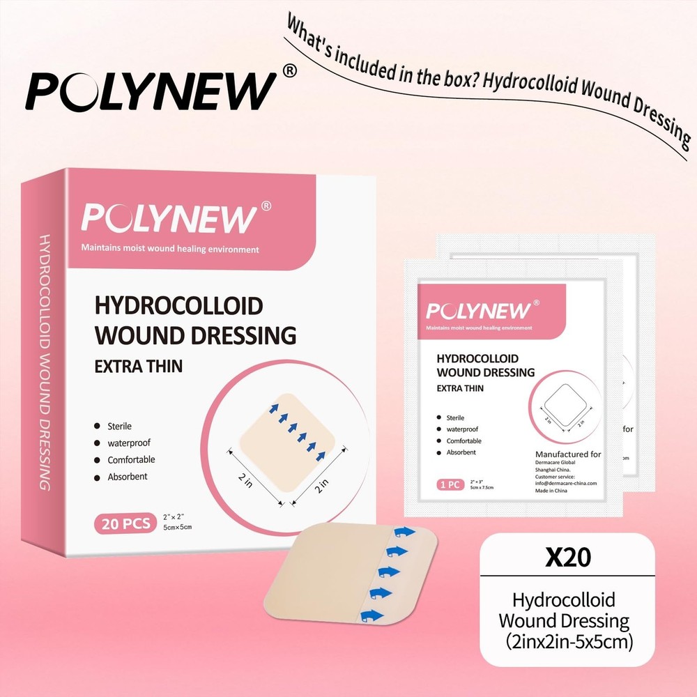 2" x 2"-20 Pack Extra Thin Hydrocolloid Dressing for Light Exudate, Hydrocoll...