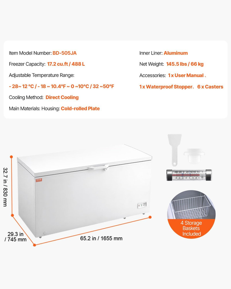 Spacious 17.2 Cu.Ft Chest Freezer with Adjustable Temp & Locking Lid