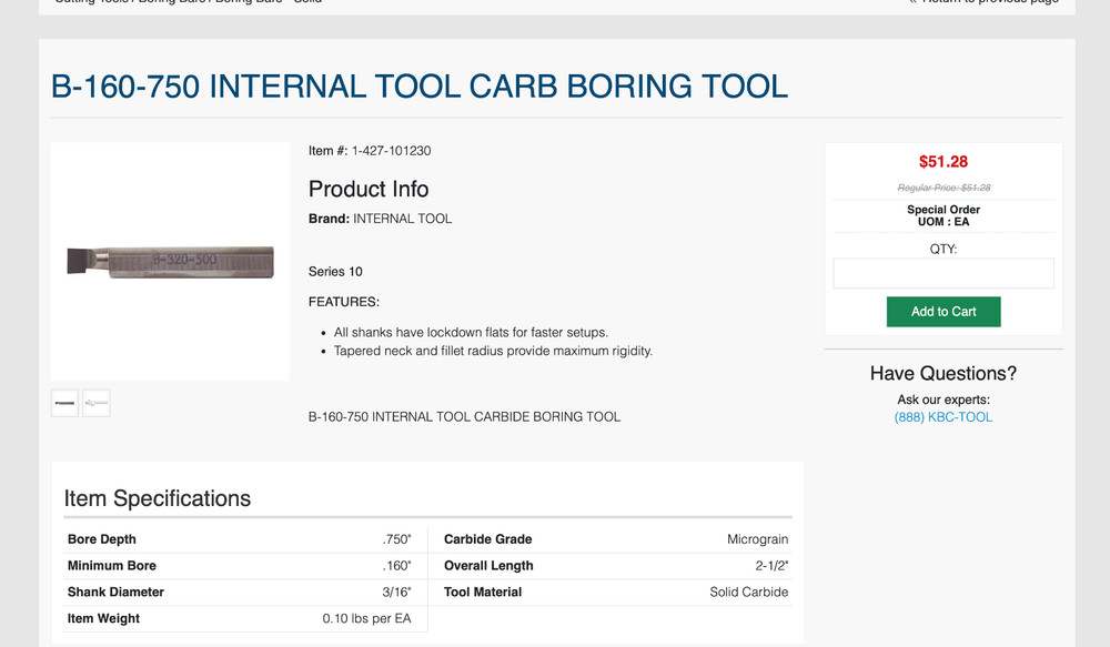 B-160-750 INTERNAL TOOL CARB BORING TOOL Solid Carbide .160" min bore