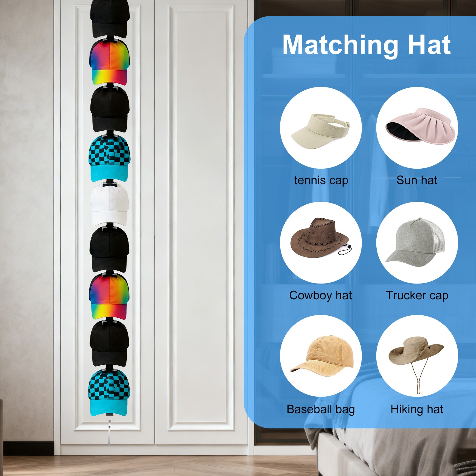 Vertical Over Door Hat Rack Adjustable Space Saving Cap Organizer With 10 Hooks