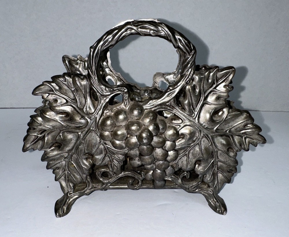 Vintage Godinger Silver Plate Napkin Letter Note Holder Grapes Leaves