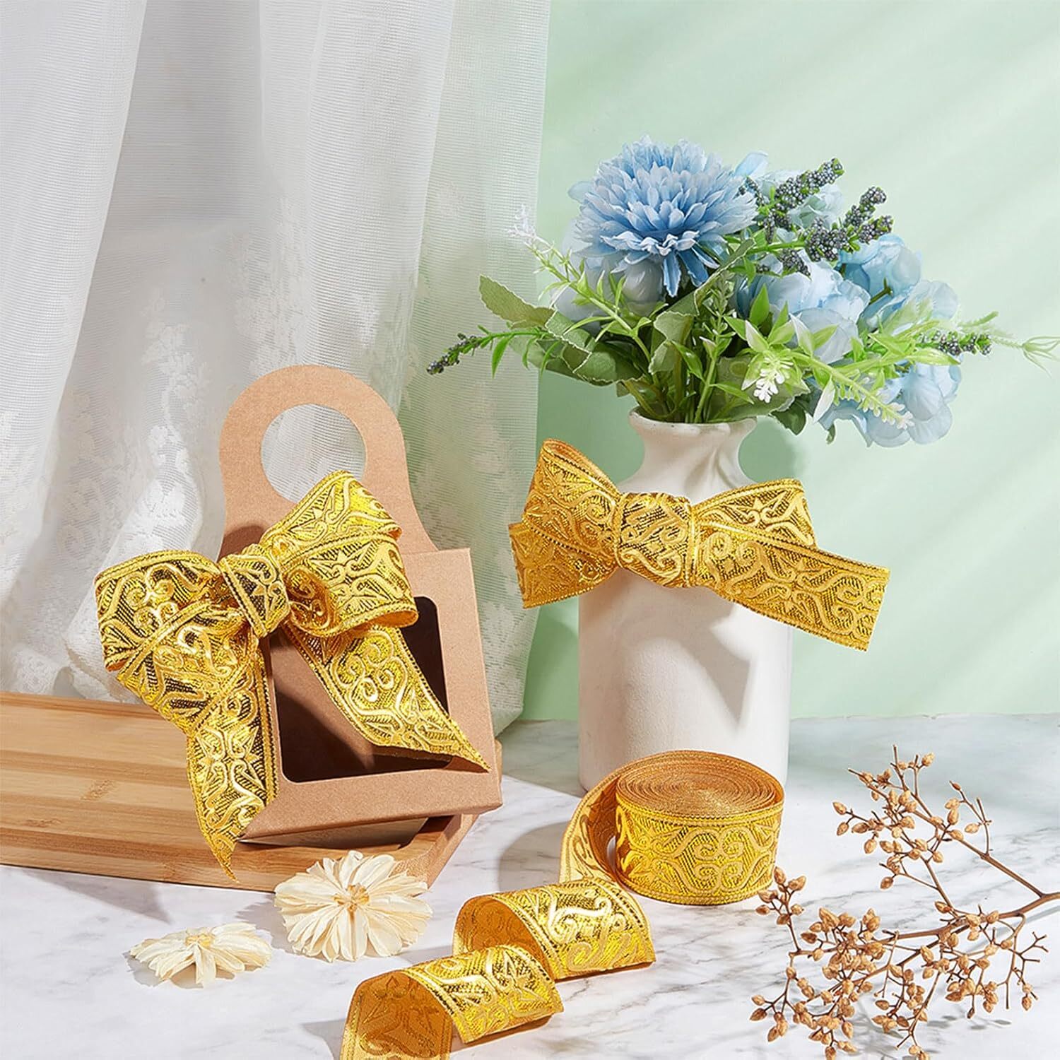 7.7 Yards Gold Jacquard Ribbon Trim, 1-1/4 Inch Wide Boho Woven Trim Ethnic Flor