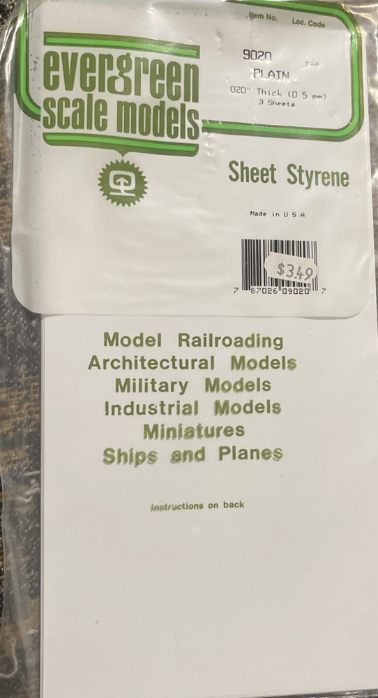 Evergreen Plastic Styrene Plain Sheet .020x6x12 (3) - Model Railroad Scratch
