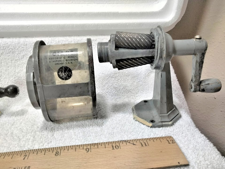 Antique Apsco GIANT & MIDGET Metal Automatic Hand Crank Pencil Sharpener Bundle