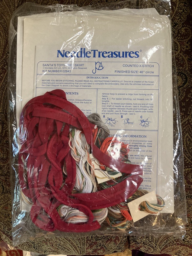 JCA Needle Treasures Santa's Tree Skirt ,Chart Directions, FLoss and Cording