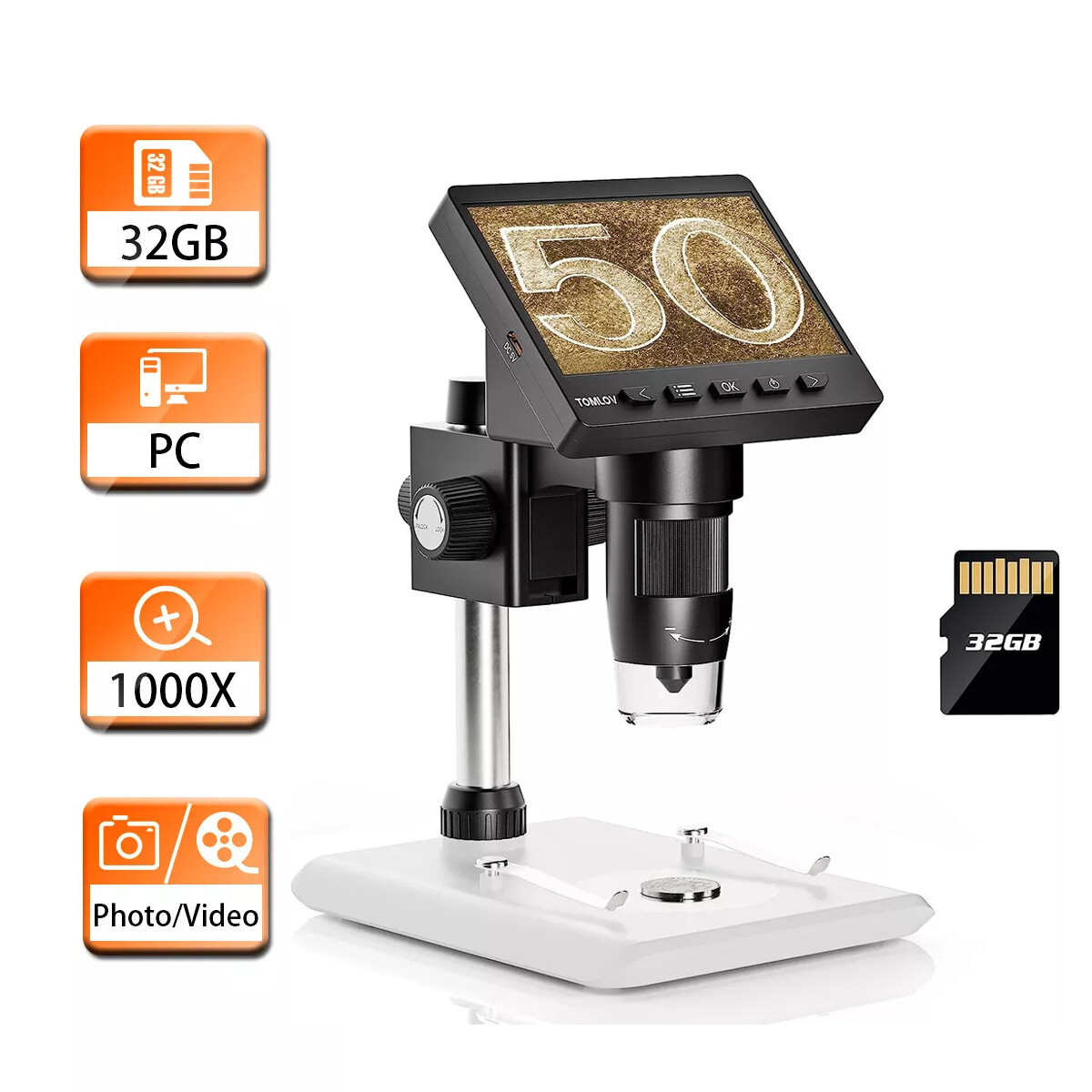TOMLOV Digital Microscope Coin magnifier Camera 4.3" HD 720P 1000X Magnification