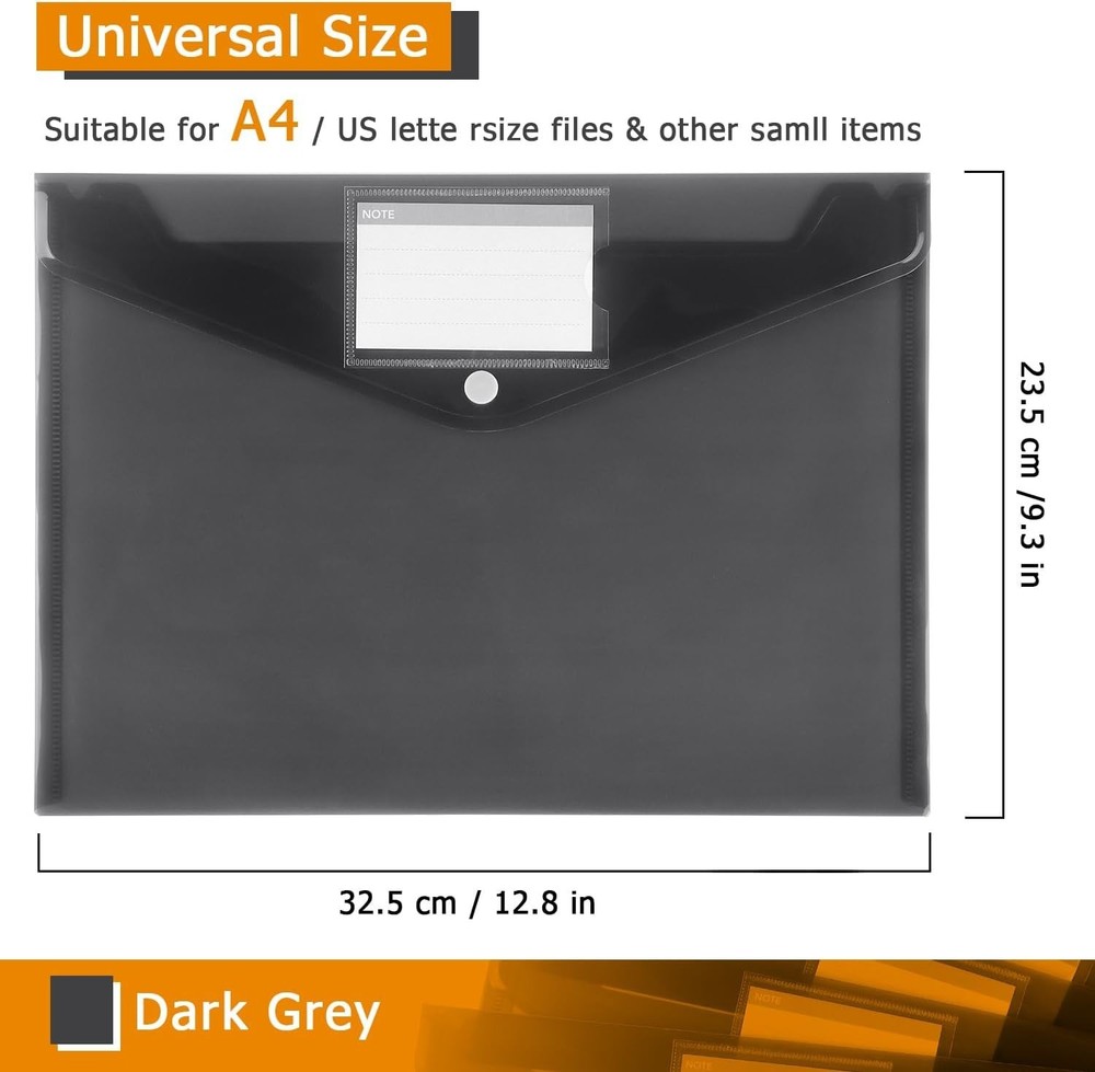 Translucent 6 Pack Plastic Envelopes with Snap Button & Label Pocket - Dark Grey